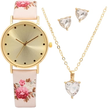 Ladie's Fashion Watch Set with Goldtone Necklace and Heart Earrings