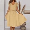 thumbnail image 2 of Penkiiy Robe Midi pour Femmes 2024 Été Décontractée à Fleurs à Manches Courtes Smockée Robes Midi Boho à Col en V Robes de Plage Soleil S Kaki, 2 of 8