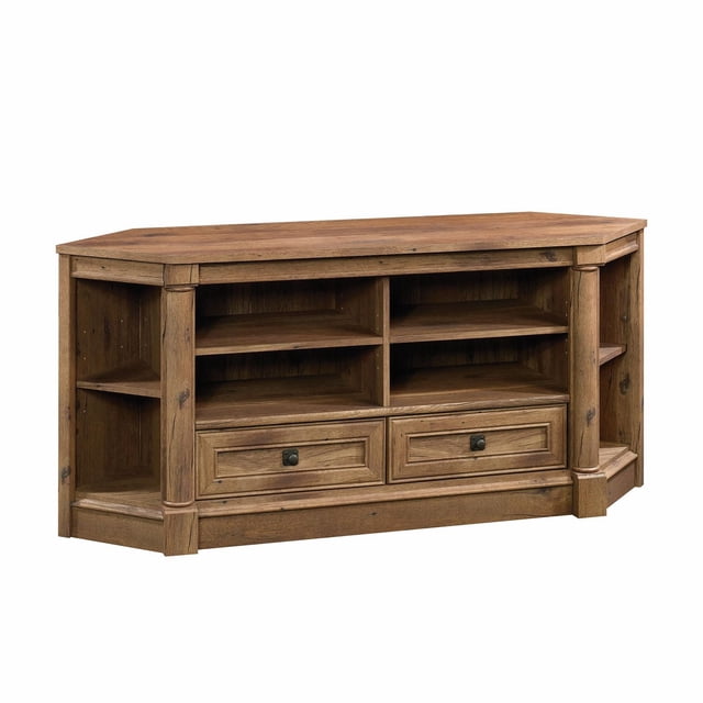 Sauder Palladia® Credenza in vintage oak finish with framed panel drawers, pilasters, contoured base, open shelves for audio/video equipment, and corner display shelves, ideal as a sideboard or buffet table for living room or office storage.