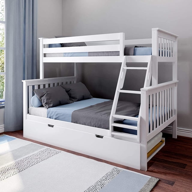 BEDSMART Solid Wood Twin Over Full Bunk Bed With Trundle | White
