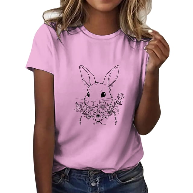 LUOGENLI T-shirts pour Femmes T-shirts Décontractés de Pâques Mignons Lapin et Fleur Imprimé Col Rond Manches Courtes T-shirts Amples Blouse Hauts T-shirts Graphiques de la Saint-Valentin TG