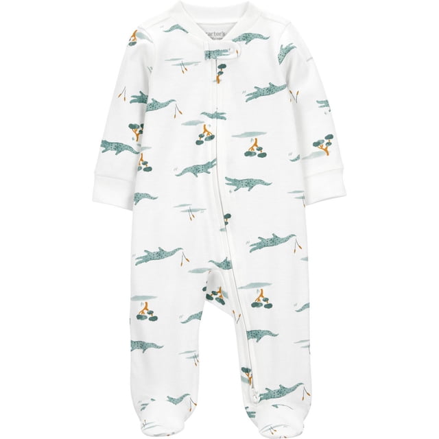 Carter's Child of Mine IB SNP Safari Bébé Dormir et Jouer 1 Pce en Blanc 100 % Coton avec Imprimé de crocodile Vert et d'Arbre orange, avec Manches Longues, Jambes avec Pieds et une Fermeture Éclair Bidirectionnelle du Cou à la Cheville pour des Changements de Couche Faciles.