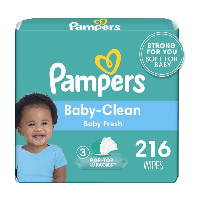 Pampers Complete Clean Baby Wipes - Fresh Scent, 3 Flip-Top Packs (216 Wipes Total) centered front view of three stacked flip-top pop-top packs with Pampers branding and “Baby Fresh” scent text; label notes hypoallergenic wipes with no alcohol, parabens or natural rubber latex and a claim of 4x stronger vs the leading US sub-brand.
