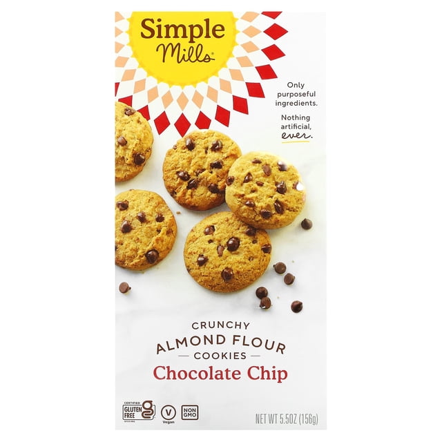 Simple Mills Crunchy Almond Flour Cookies, Chocolate Chip, 5.5 oz (156 g) packaging showcasing cookies with chocolate chips on a white surface. Certified gluten-free, vegan, grain-free, and made with whole food ingredients, ideal as a healthy snack option.