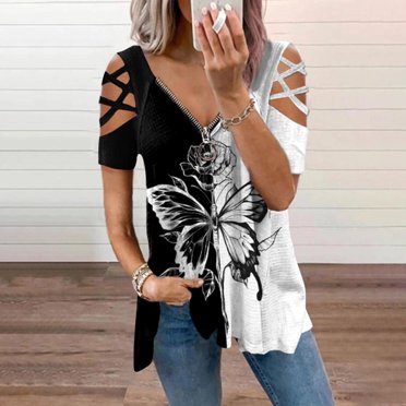 Aqestyerly Women's Summer Blouse V-Neck Leopard Zipper Hollow Out T-Shirt Short Sleeve Fashion Casual Comfortable Lightweight Top HWRETIE