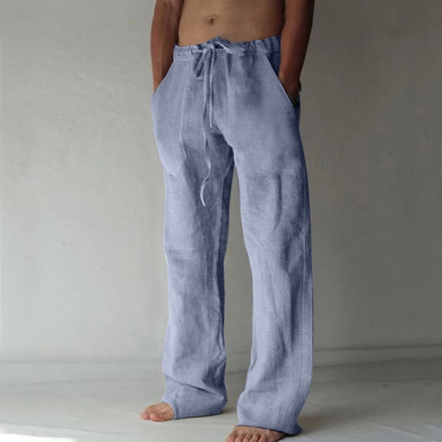 TIMIFIS Mens Casual Beach Pants Loose Elastic Waist Drawstring Straight Legs Summer Solid Color Cotton and Linen Pants with Pockets - Spring/Summer