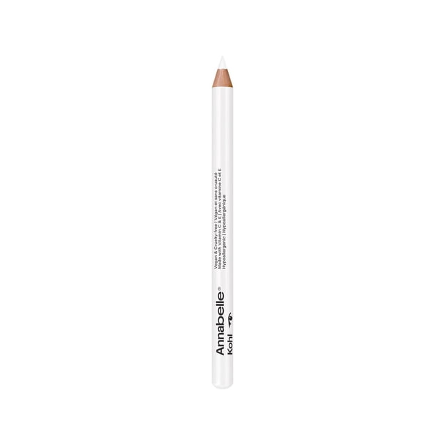 Annabelle Kohl Matte Eyeliner, 116 Blanc White, a white matte pencil eyeliner with a sharpened tip and white barrel with black text, offering long-lasting wear, intense colour payoff, and a vegan, cruelty-free formula suitable for sensitive eyes and precise eye makeup application.