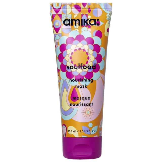 Amika Mini Soulfood Nourishing Mask, a 100ml hair mask in a vibrant, colorful floral-patterned tube. Formulated for deep conditioning and hydration, it restores dry, damaged hair, enhancing softness, shine, and elasticity. Free from parabens, sulfates, and phthalates, with jojoba seed oil and sea buckthorn for nourishment.