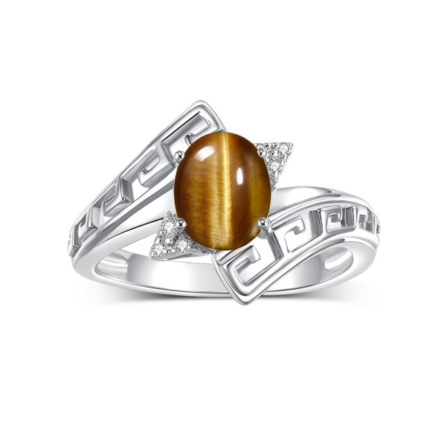 RYLOS Rings for Women Sterling Silver Greek Key Designer Ring 9X7MM Gemstone & Diamond Ring November Tiger Eye Jewelry Size 7