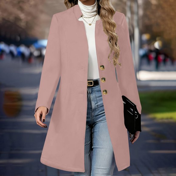 Mceream Wool Coats for Women Trendy Casual Long Pea Coat 2025 Fall Winter Fashion Stand Collar Single Breasted Winter Warm Jacket Overcoat Plus Size Abrigo Largo De Invierno Para Mujer Pink XL
