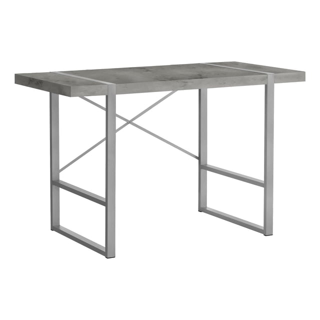 Monarch Specialties computer desk with a 48-inch grey concrete-look laminate thick-panel desktop and silver metal rectangular legs featuring an X-shaped support bar, industrial-inspired design suitable for home office, laptop, or writing table use.