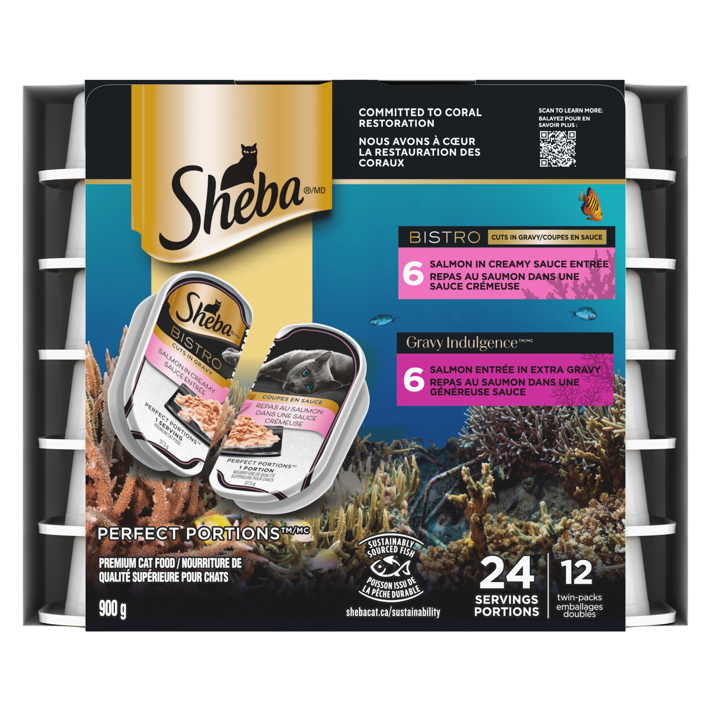 SHEBA PERFECT PORTIONS Adult Wet Cat Food BISTRO Cuts in Gravy Salmon in Creamy Sauce Entrée and GRAVY INDULGENCE Salmon Entrée in Extra Gravy Variety Pack, (12) 75g Trays