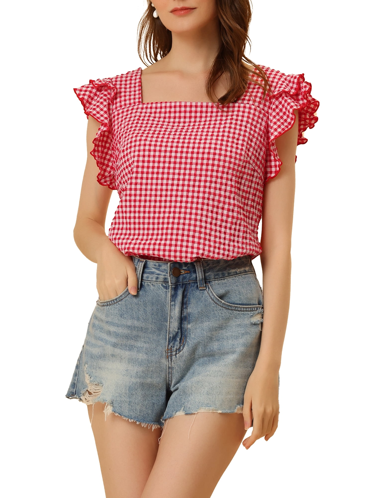 INSPIRE CHIC Women's Gingham Tops Square Neck Ruffle Cap Sleeves Summer Blouse Red S