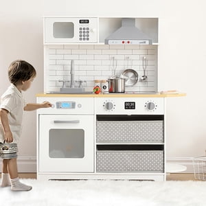 Ensemble de jouets de cuisine en bois, enfants Jeux de cuisine avec 2 Tiroirs, Robinet, Four, Micro-ondes, Accessoires de kit de cuisine pour les filles garçons