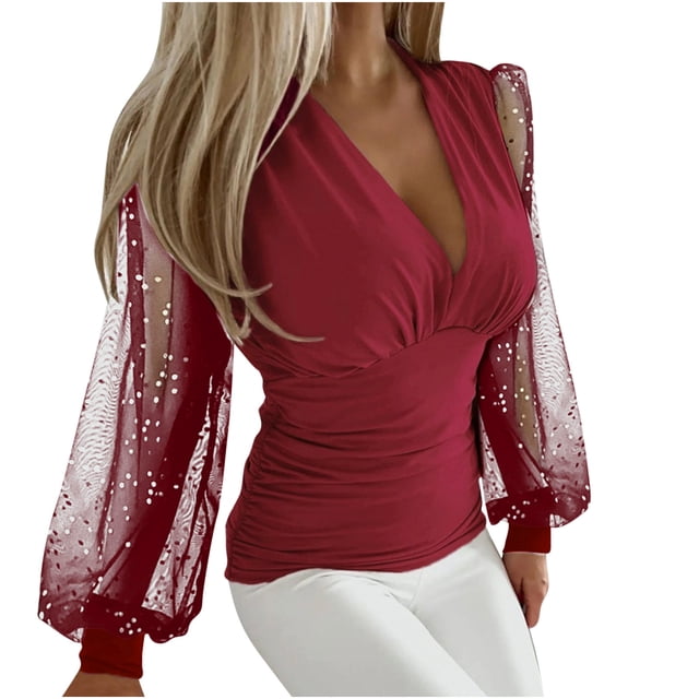 AherBiu Going out Tops for Women Mesh Sparkly Long Sleeve Shirts Deep V Neck Ruched Tunic Tops Blouse