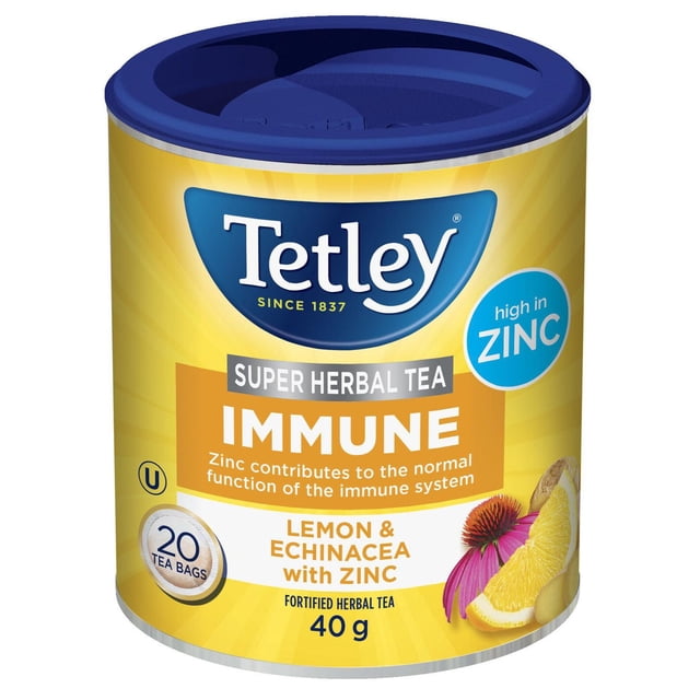 Tetley Tea Super Herbal Immune in a yellow cylindrical container with a blue lid, containing 20 tea bags of lemon and echinacea herbal tea fortified with zinc, weighing 40 g, designed to support normal immune system function and suitable for herbal tea drinkers.