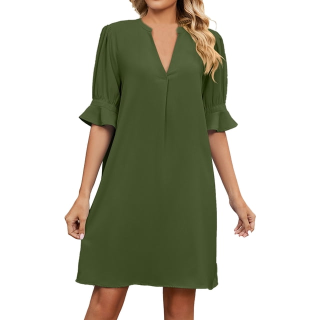 Robes Formelles pour Femmes Col en V à Volants Manches 1/2 Robe Midi Élégante Été Tenue de Bureau Décontractée Robe Courte Unie