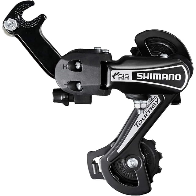 GFDYREE Bicycle Rear Derailleur Tourney RD-TY21B designed for 6-speed and 7-speed SIS index variable speed drives. This hook-mounted derailleur, made of durable high-quality steel, is suitable for mountain bikes, road bikes, city bikes, and folding bikes. The black derailleur features a direct mount design with visible mounting hardware and a compact structure for efficient gear shifting.