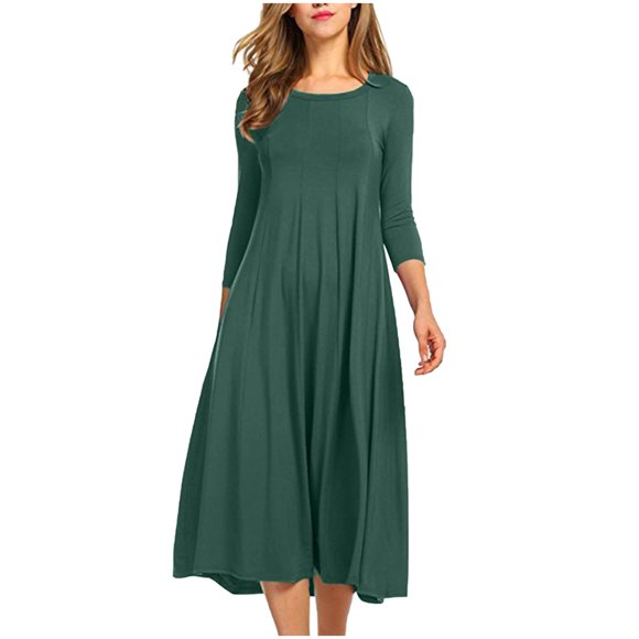 QUYUON Bridal Shower Dresses for Bride Clearance Casual Pleated 3/4 Sleeve Dress Plus Size Dresses Women Casual Crew Neck Midi Shirt Dress Style D-1206 3XL