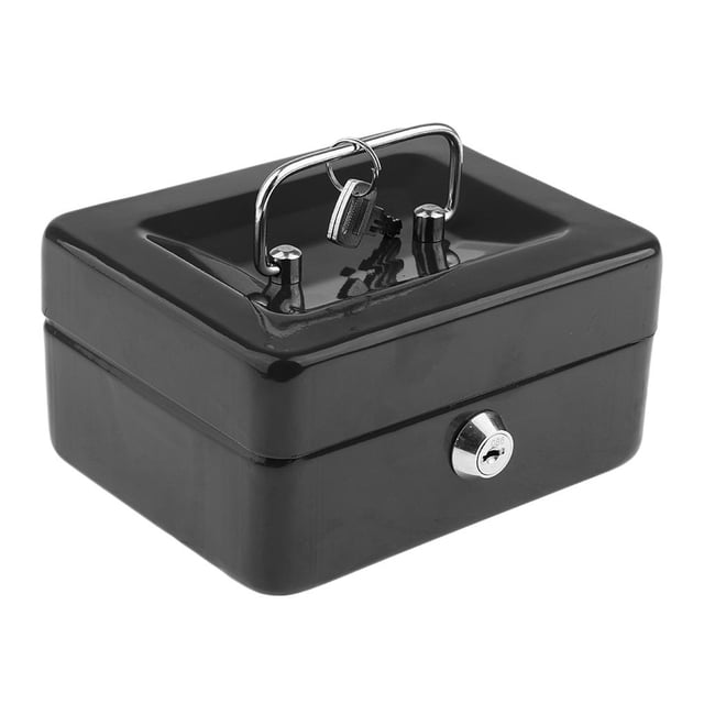 Boîte à Billets Banque à Argent Dépôt Petite Caisse avec Clé en Métal durable avec Fini Noir Lustré. Dotée d'Une Poignée de Transport en Acier Inoxydable, d'Une Serrure Sécurisée avec Clé et d'Une Taille Compacte d'Environ 15 x 12 x 8 cm (5,9 x 4,7 x 3,14 Pouces). Convient pour la Maison, les Bureaux, les Écoles Ou les Étals de Marché.