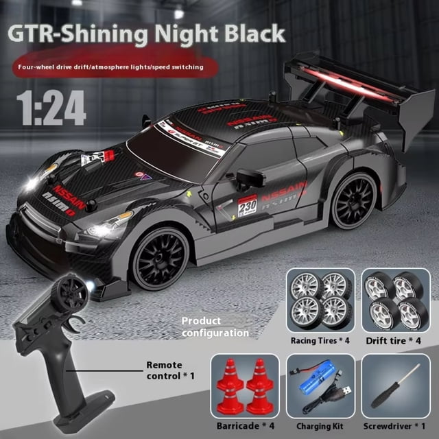 AIGIA 1:24 Scale RC Drift Car 4WD 2.4GHz 30KM/H High Speed Racing Sport Toy Car with LED Lights, featuring a sleek black design with racing decals, bright headlights, and a large rear spoiler. Accessories include a remote control, barricades, a charging kit, screwdriver, and interchangeable racing and drift tires. Ideal for high-speed racing and drifting, this RC car offers a control range of over 50m and customizable wheels for versatile terrain performance.