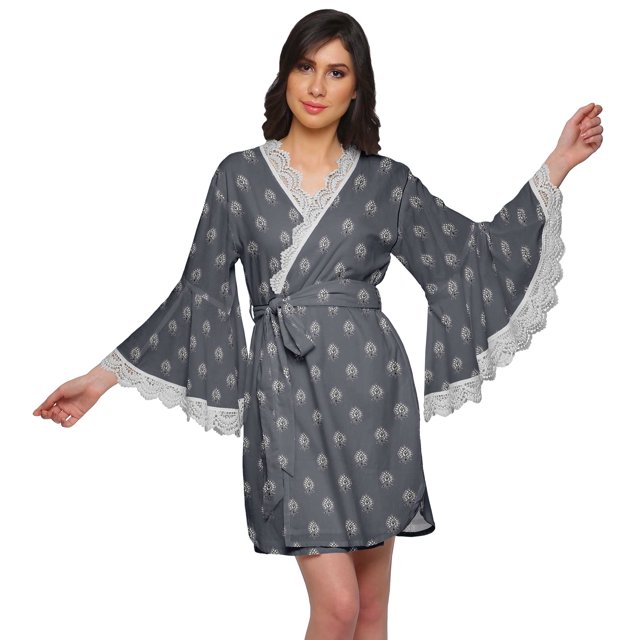 Moomaya Robe Courte Imprimée pour Mariée en Préparation, Manches Évasées, Peignoir, Portefeuille pour Femmes