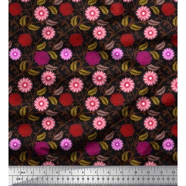 Soimoi Moss Georgette Fabric Swirl,Leaves & Floral Artistic Printed Fabric 1 Yard 42 Inch Wide