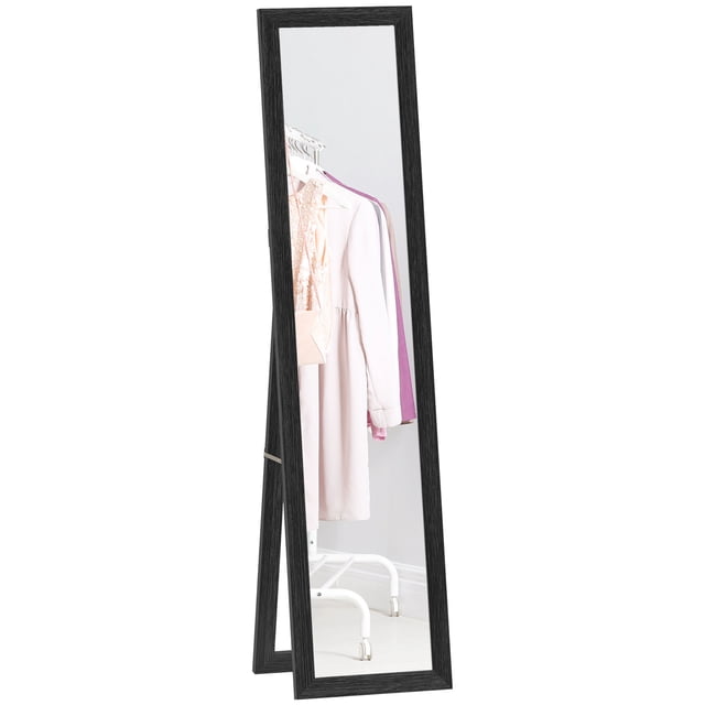 HOMCOM Miroir Pleine Longueur, Miroir Mural Style Ferme avec Cadre en MDF Noir, Montré en position Autoportante. le Grand Miroir Reflète les Vêtements sur un Support dans une Pièce Lumineuse et Minimaliste. Idéal comme Miroir Décoratif de Chambre, Convient pour Suspendre, Appuyer Ou Utiliser Autoportamment.