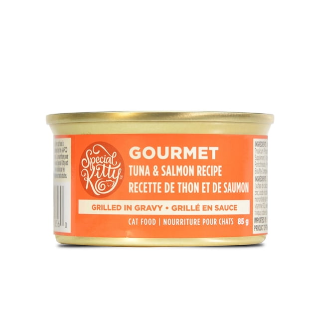 Special kitty grilled Tuna and Salmon recipe in gravy wet cat food can, 85 g, with orange label featuring brand logo and bilingual English-French text, formulated for adult cats with balanced nutrition and no artificial additives.