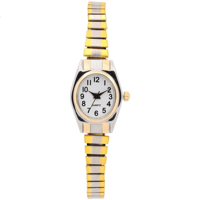Women’s Two-Tone Quartz Watch with White Dial and Black Numerals featuring an oval 20mm silver-tone case with polished gold-tone bezel, black hands, and a flexible two-tone stretch band combining silver and gold links for a comfortable everyday fit.