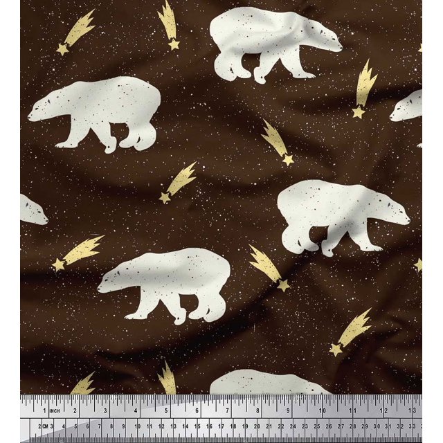Soimoi Brown polyester Crepe Fabric Falling Star & Polar Bear Animal Print Sewing Fabric Yard 42 Inch Wide
