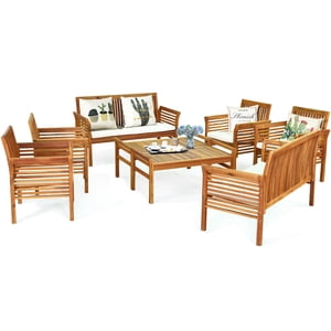 Gymax 8PCS Wooden Patio Conversation Set Outdoor Furniture Set w/ Cushion