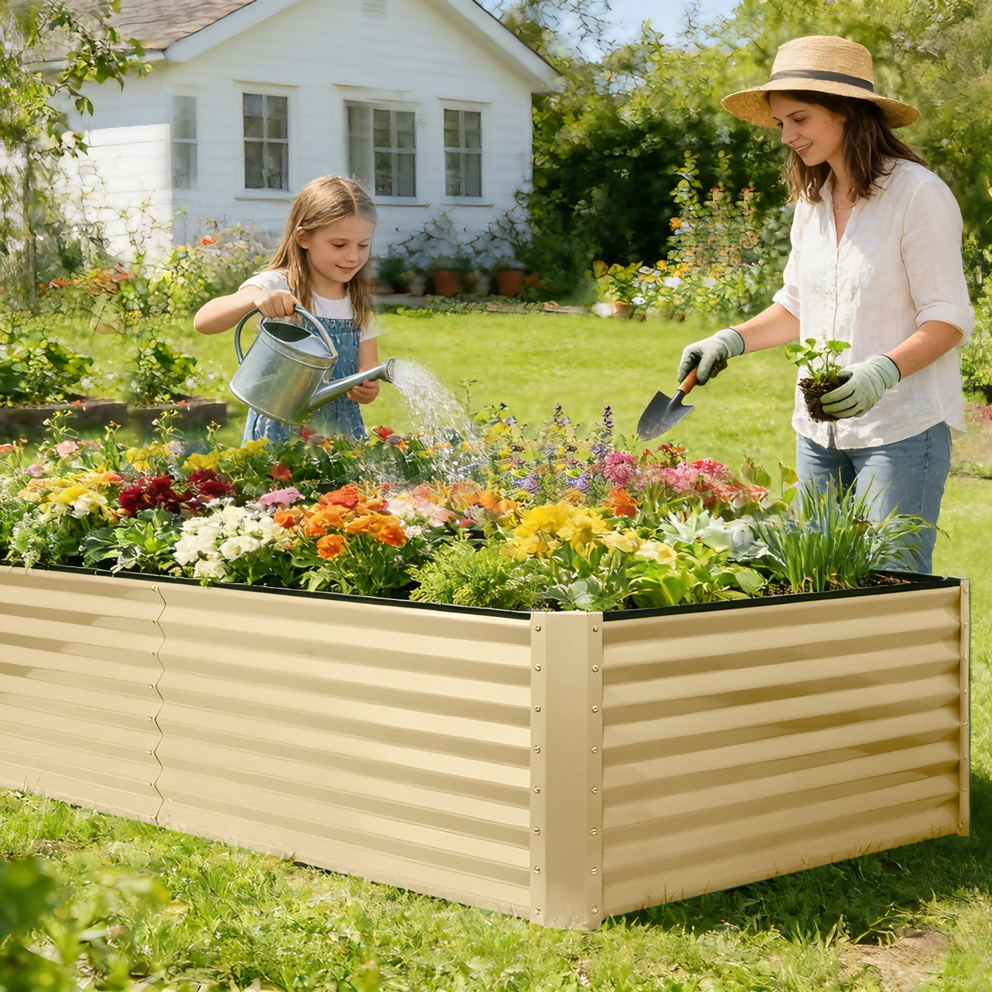 Jardinière surélevée Noble House, support galvanisé pour jardinière d'extérieur, beige