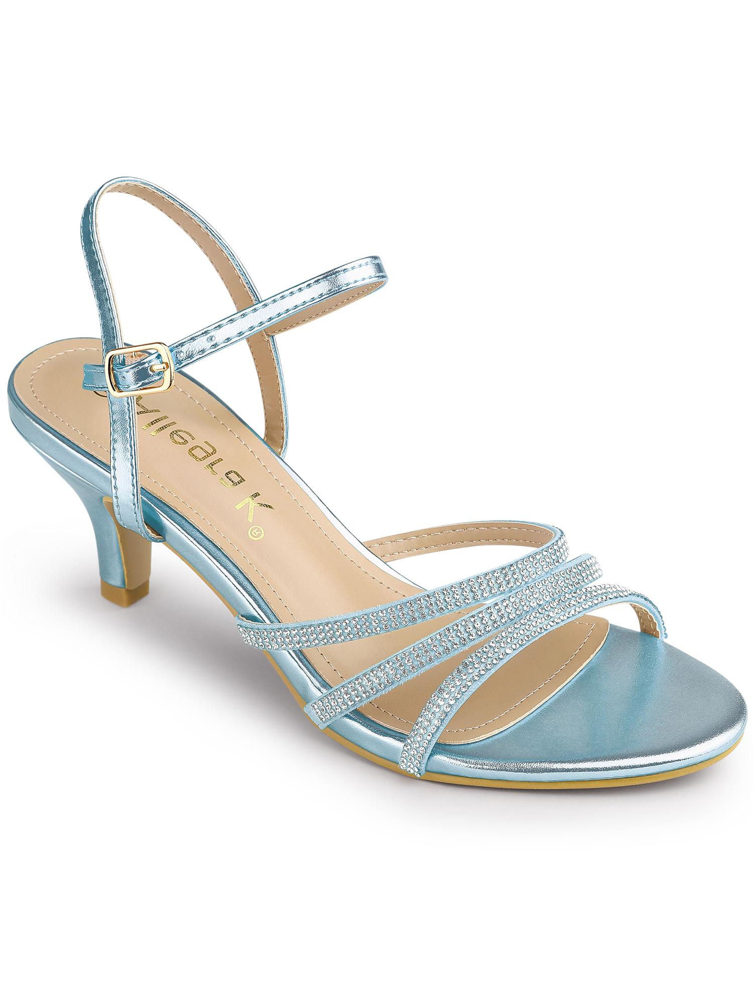 BLISSFUL STEP Women's Shoes Rhinestone Ankle Strap Kitten Heel Open Toe PU Buckle Sandals  Lake Blue 8