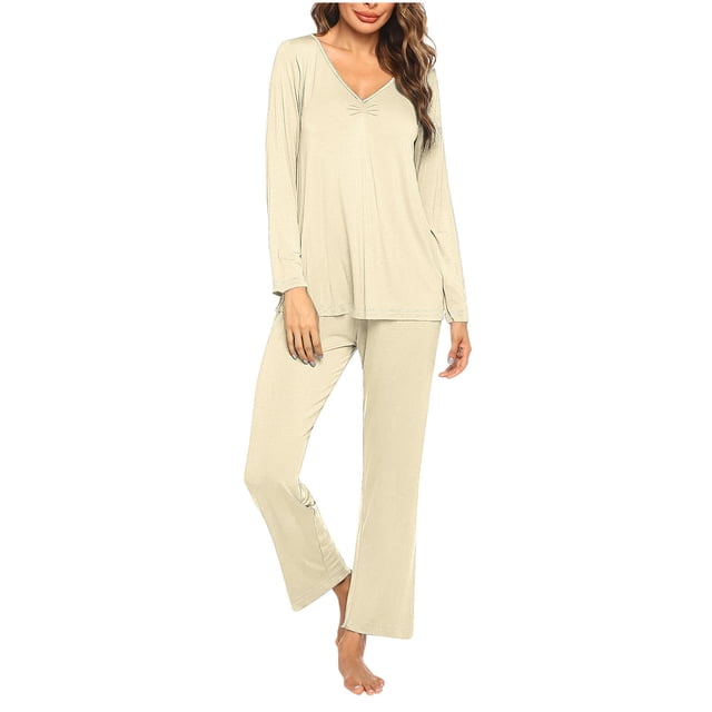 Timegard Ensembles de Pyjamas pour Femmes 2 Pcs Manches Longues Col en V Haut Froncé et Pantalon Automne Décontracté Doux Tenues de Pjs