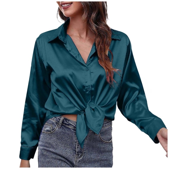 AWZXDE Women Shirts Women's Blouse Satin Silk Shirt Button Down Casual Loose Long Sleeve Work Edition Blouse for Everyday Wear
