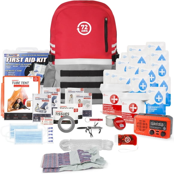 72 HRS Deluxe Emergency Survival Kit - Heavy Duty 72 Hour Bug Out Bag Survival Kit for Earthquake, Hurricane, Tsunami, Winter, Blackout - Includes Emergency First Aid Kit, Water, Food (Red 2 Person)