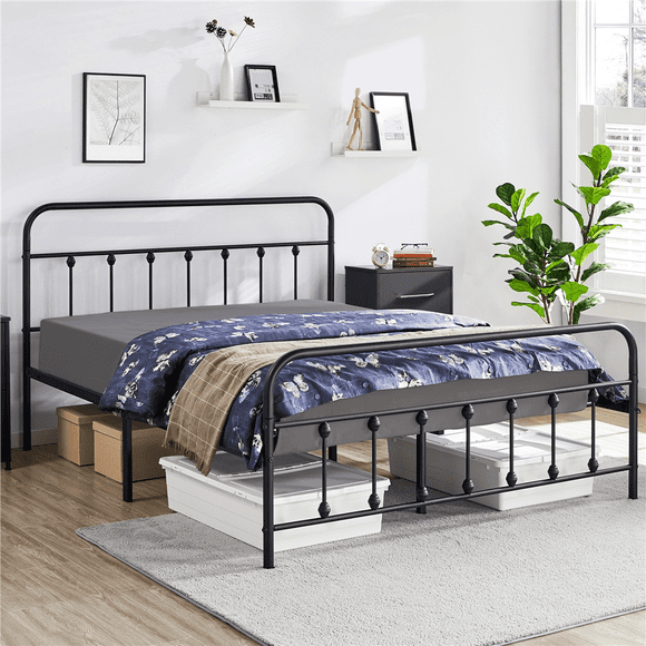 Yaheetech Classic Metal Bed Frames with High Headboard and Footboard,Queen Size,Black