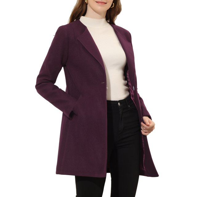 INSPIRE CHIC Women's Half Lapel Long Sleeves One Button Winter Mid-Length Overcoat M Purplish Red