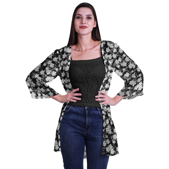 Moomaya Printed Georgette Beach Clothes For Women Short Shrug Cover Up Cardigan