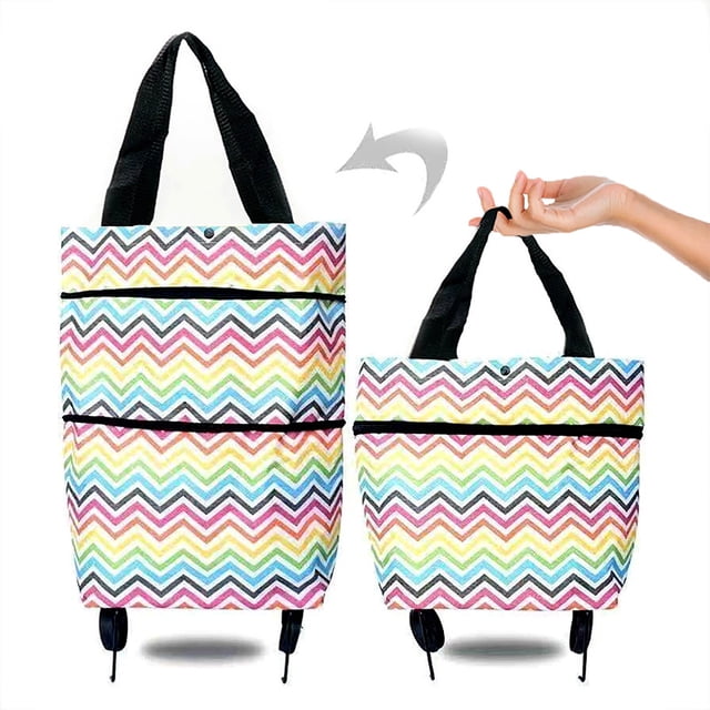 RXIRUCGD Collapsible Trolley Bags Folding Shopping Bag with Wheels, shown in a colourful zigzag pattern. The bag features foldable wheels for easy conversion between a shoulder bag and a shopping cart. The image highlights its compact, portable design with a hand demonstrating the folding mechanism. Made of high-quality Oxford cloth, it has a maximum capacity of 30L and can carry up to 15kg, suitable for groceries, vegetables, and beverages.