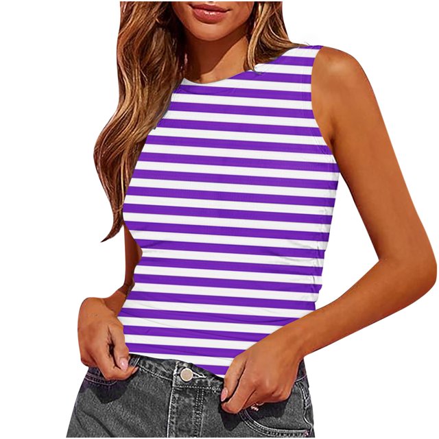Plebaso Womens Slim Striped Tank Tops Sleeveless Crewneck Ruched Blouses Summer Casual Basic Tee Tops