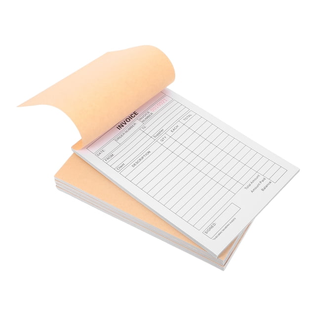 KAKOWELY 5pcs invoice duplicate delivery note order receipt book with board, measuring 8.27 x 5.71 inches. Designed for forms and record keeping, it features a two-part format for accurate tracking of orders and payments. Made from durable virgin pulp copy paper for clear duplicates without carbon paper. Suitable for small businesses like handicrafts, photographers, restaurants, and boutiques. Includes a built-in writing board for professional invoices.