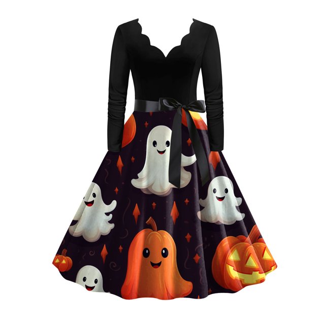 TIMIFIS Robe Midi d'Halloween pour Femme à Manches Longues, Imprimé d'Halloween, Cosplay, Fête, Coupe Évasée en A, Robes Vintage d'Halloween, Horreur, Citrouille Imprimée, Robe de Fête et de Bal Automne/hiver