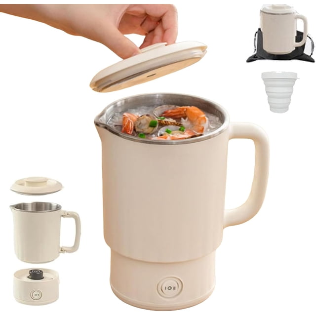 Portable Foldable Electric Kettle, 800ML stainless steel tea brewer with temperature control, shown in a beige finish. The kettle features a foldable design for compact storage, a large 800ML capacity, and dual heating modes for fast boiling or slow simmering. Functions as a mini cooking pot, compact electric kettle, and drinking cup, ideal for travel, camping, or small-space living.