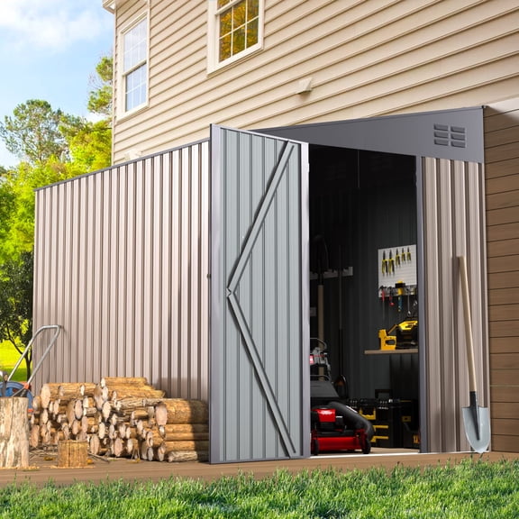 AECOJOY 6"X8" Patio Lean to Storage Shed,Metal Garden Shed with Side Door, Grey