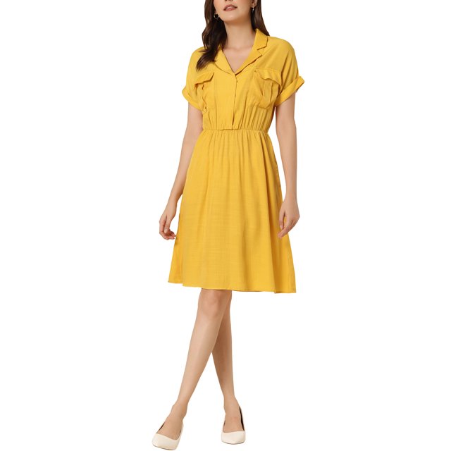 INSPIRE CHIC Robe-Chemise pour Femme de Travail à Revers Cranté Col en V Taille Élastique avec Poches m Jaune