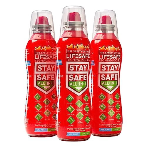 StaySafe All-in-1 Portable Fire Extinguisher by LifeSafe Technologies | Compact & Easy to Use | for Home, Kitchen, Car, Garage, Boat | Non-Toxic & Eco-Friendly | Tackles 10 Types of Fire | 3 Pack