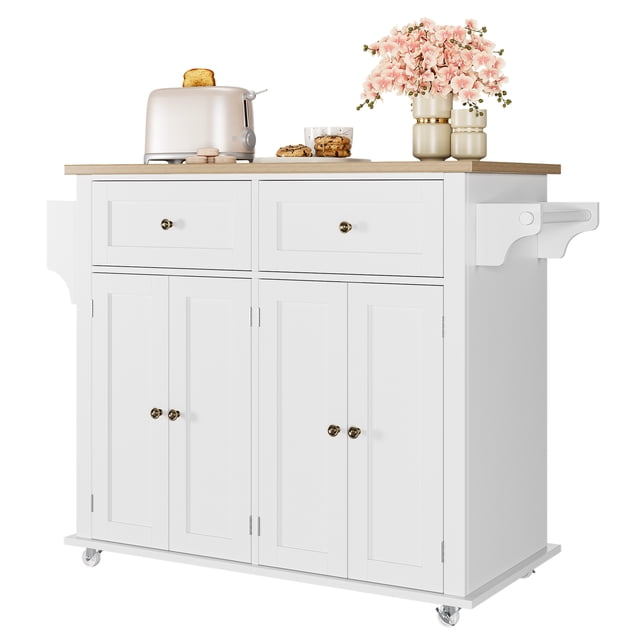 GloryStar Large Kitchen Island, 43" Storage Cart with Wheels, 2 Drawers, 4 Cabinet Doors, Spice and Wine Racks