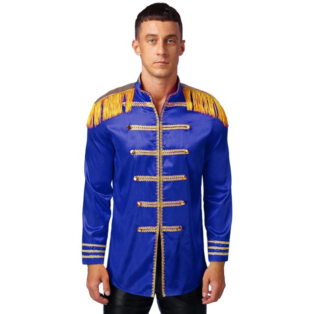 iiniim Mens 60s Hipper Costume High Slit Gold Trim Add Accessories Sergeant Icon Hippy Fancy Dress Up Royal Blue L